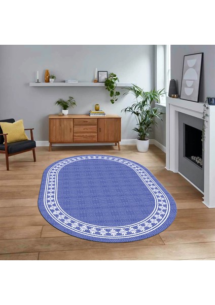 Dijital Baskılı Kaymaz Yıkanabilir Oval Jüt-Hasır Desen Mutfak Salon Halısı, V-O-Jüt-20-Mavi,