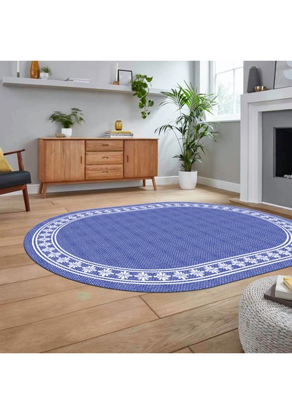 Dijital Baskılı Kaymaz Yıkanabilir Oval Jüt-Hasır Desen Mutfak Salon Halısı, V-O-Jüt-20-Mavi,