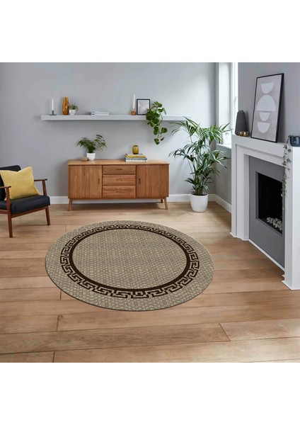 Dijital Baskılı Kaymaz Yıkanabilir Yuvarlak Jüt-Hasır Desen Mutfak Salon Halısı, V-Y-Jüt-01-Kahve,