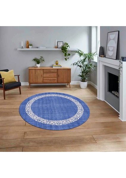 Dijital Baskılı Kaymaz Yıkanabilir Yuvarlak Jüt-Hasır Desen Mutfak Salon Halısı, V-Y-Jüt-04-Mavi,