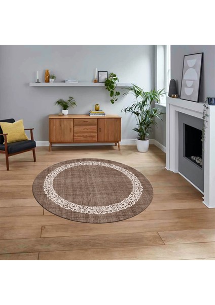 Dijital Baskılı Kaymaz Yıkanabilir Yuvarlak Jüt-Hasır Desen Mutfak Salon Halısı, V-Y-Jüt-04-Kahve,