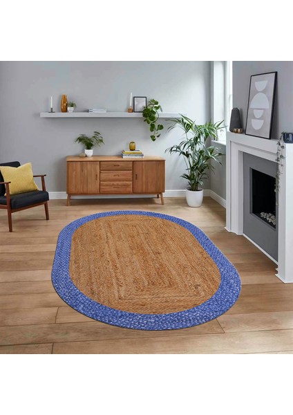 Dijital Baskılı Kaymaz Yıkanabilir Oval Jüt-Hasır Desen Mutfak Salon Halısı, V-O-Jüt-17-Mavi,