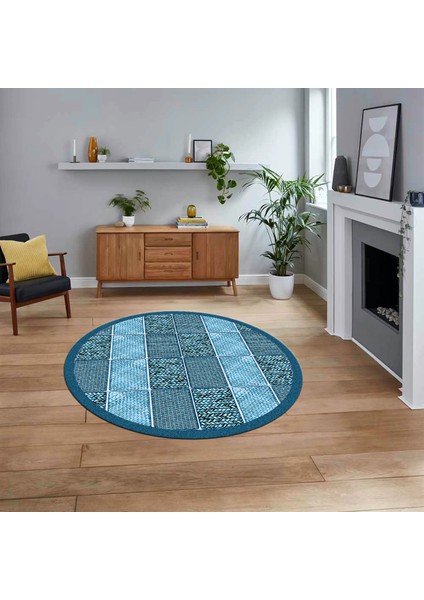 Dijital Baskılı Kaymaz Yıkanabilir Yuvarlak Jüt-Hasır Desen Mutfak Salon Halısı, V-Y-Jüt-02-Mavi,
