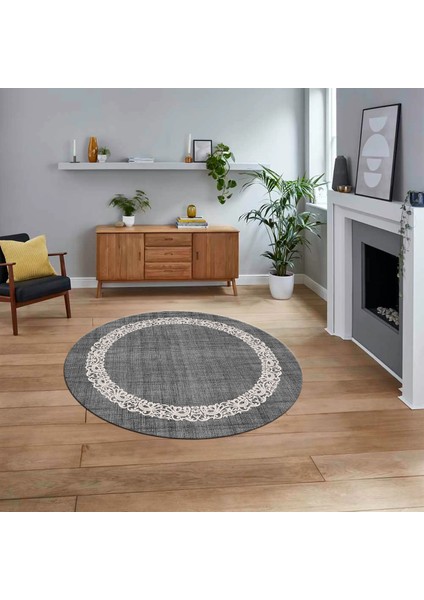 Dijital Baskılı Kaymaz Yıkanabilir Yuvarlak Jüt-Hasır Desen Mutfak Salon Halısı, V-Y-Jüt-04-Gri,