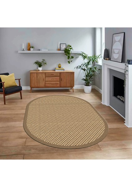 Dijital Baskılı Kaymaz Yıkanabilir Oval Jüt-Hasır Desen Mutfak Salon Halısı, V-O-Jüt-03-Kahve,