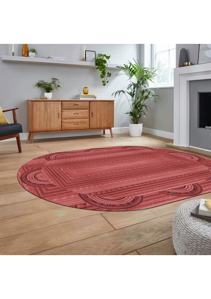 Dijital Baskılı Kaymaz Yıkanabilir Oval Jüt-Hasır Desen Mutfak Salon Halısı, V-O-Jüt-08-Kırmızı,