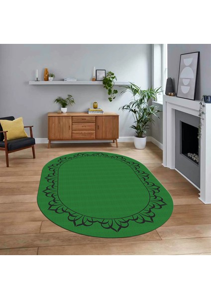 Dijital Baskılı Kaymaz Yıkanabilir Oval Jüt-Hasır Desen Mutfak Salon Halısı, V-O-Jüt-18-Yeşil,