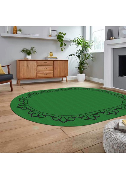 Dijital Baskılı Kaymaz Yıkanabilir Oval Jüt-Hasır Desen Mutfak Salon Halısı, V-O-Jüt-18-Yeşil,
