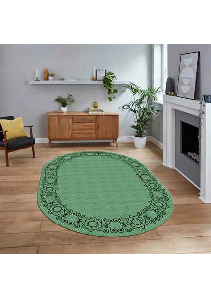 Dijital Baskılı Kaymaz Yıkanabilir Oval Jüt-Hasır Desen Mutfak Salon Halısı, V-O-Jüt-19-Yeşil,