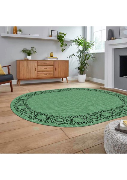 Dijital Baskılı Kaymaz Yıkanabilir Oval Jüt-Hasır Desen Mutfak Salon Halısı, V-O-Jüt-19-Yeşil,