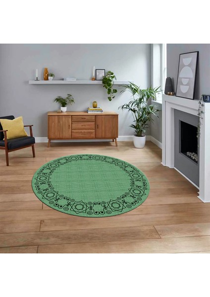 Dijital Baskılı Kaymaz Yıkanabilir Yuvarlak Jüt-Hasır Desen Mutfak Salon Halısı, V-Y-Jüt-19-Yeşil,