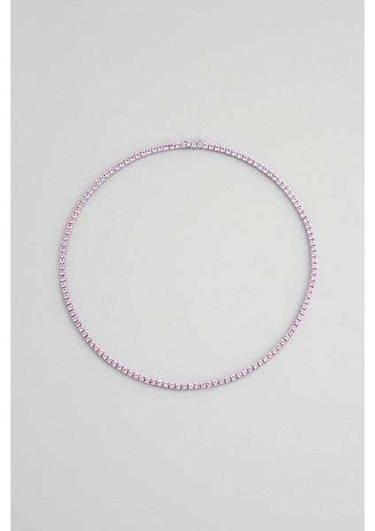 Pembe Taşlı 18 Ayar Beyaz Altın Kaplama 42 cm Gümüş Su Yolu Kolye