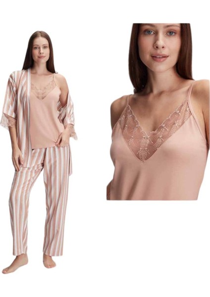 Askılı Kol Üçlü Sabahlık Pijama Takımı M72