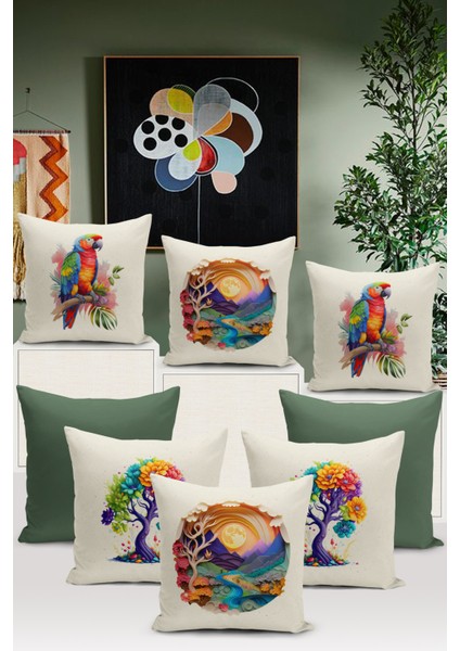 Flower/vintage Serisi Çift Tarafı Dijital Baskılı 8'li Kırlent Kılıfı Seti (Cushion Cover Set)