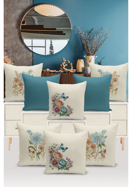 Flower/vintage Serisi Çift Tarafı Dijital Baskılı 8'li Kırlent Kılıfı Seti (Cushion Cover Set)