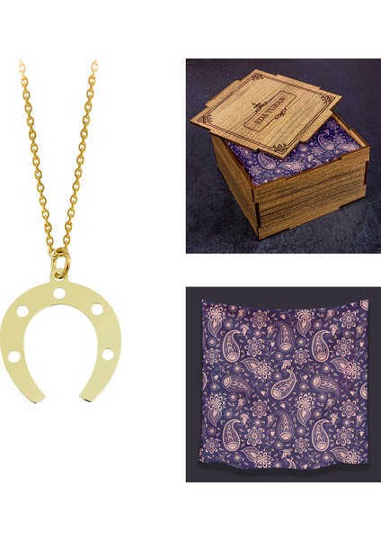 Kişiye Özel Kutusunda Fular Hediyeli 14 Ayar Altın Şans Nalı Kolye 95075