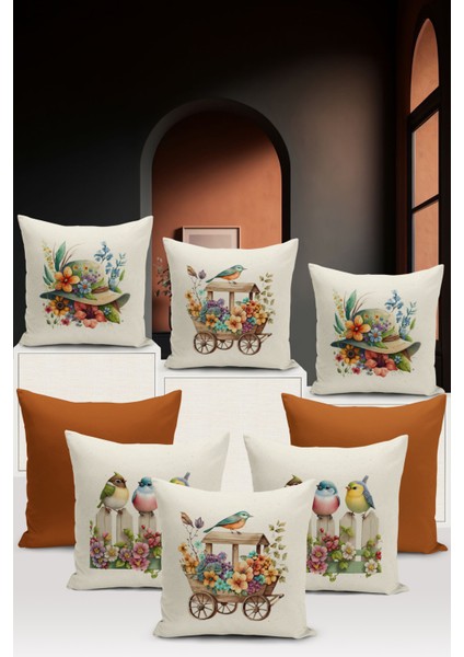 Flower/vintage Serisi Çift Tarafı Dijital Baskılı 8'li Kırlent Kılıfı Seti (Cushion Cover Set)