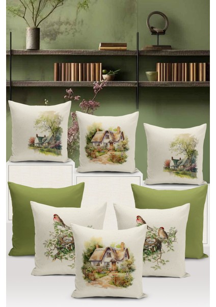 Flower/vintage Serisi Çift Tarafı Dijital Baskılı 8'li Kırlent Kılıfı Seti (Cushion Cover Set)