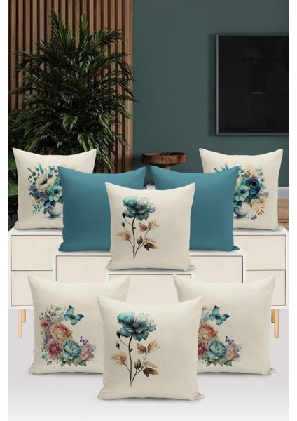 Flower/vintage Serisi Çift Tarafı Dijital Baskılı 8'li Kırlent Kılıfı Seti (Cushion Cover Set)