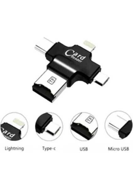 iPhone iPad Android Uyumlu Otg - Micro Otg - Type C Otg 3 In1 Kart Okuyucu Reader - Siyah