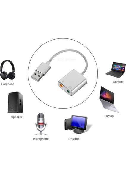 2 In1 USB Den Mikrofon ve Kulaklık 3.5 mm Jack Aux Çevirici 7.1 Kanal Dönüştürücü Aparat