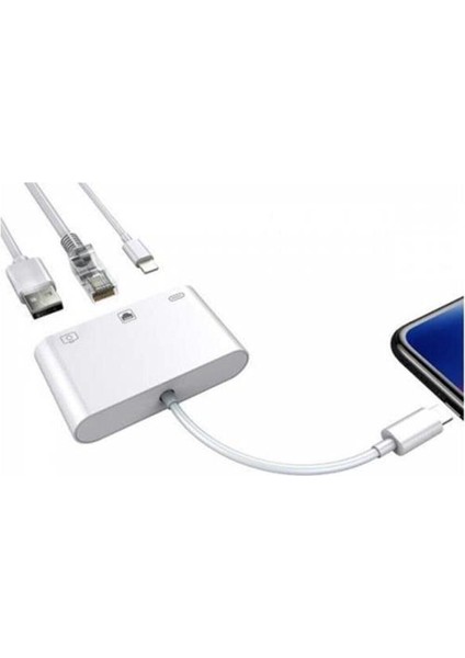 iPhone ve iPad Uyumlu USB Ethernet Lightning Şarj Adaptörü Çevirici Dönüştürücü 3 In 1 Aparat