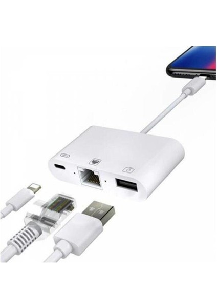 iPhone ve iPad Uyumlu USB Ethernet Lightning Şarj Adaptörü Çevirici Dönüştürücü 3 In 1 Aparat