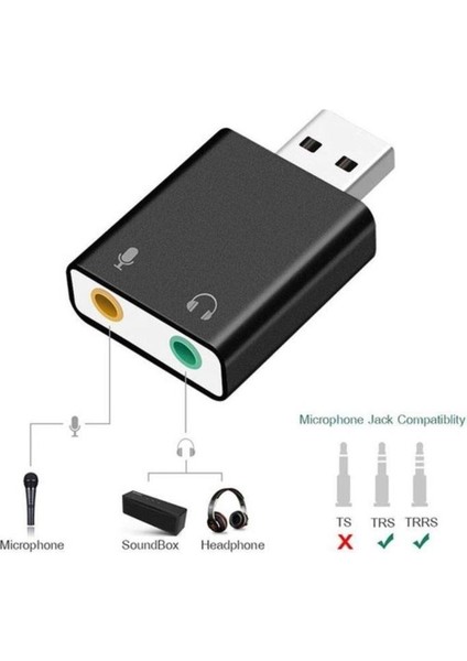 USB 7.1 Kanal Stereo Ses Kartı Kulaklık Mikrofon Girişli Dönüştürücü Aux 3.5 mm Jack Çevirici Siyah