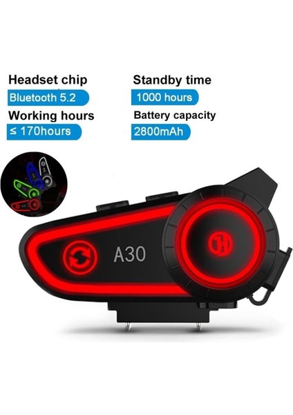 A30 Intercom Motosiklet Kask Kablosuz Işıklı Bluetooth Motorcu Kulaklık