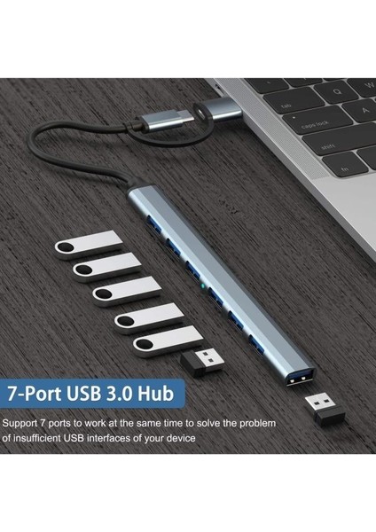 Multi Port Type-C ve USB Girişli 7 Port USB Hub Otg Çoğaltıcı Tablet Telefon Bilgisayarlar Çoklayıcı