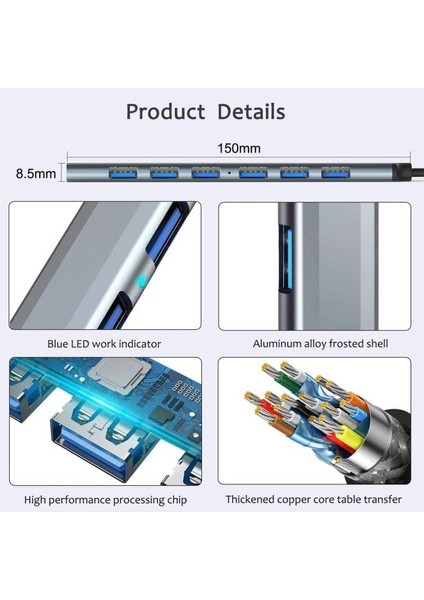 Multi Port Type-C ve USB Girişli 7 Port USB Hub Otg Çoğaltıcı Tablet Telefon Bilgisayarlar Çoklayıcı