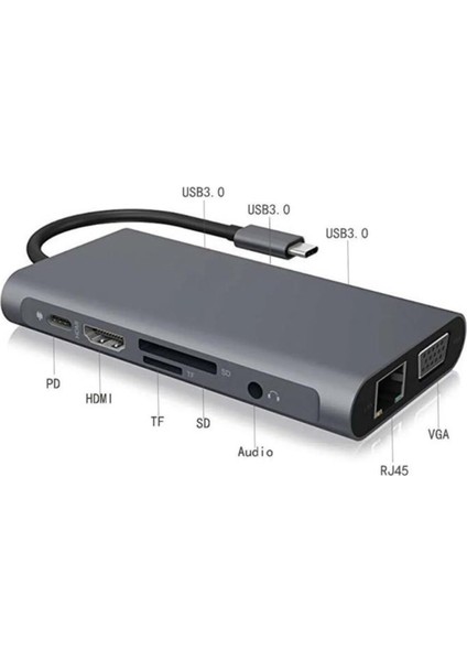 11 In 1 Type-C To USB Hub Port Uyumlu Hdmı 4x USB Lan VGA Sd Card Çevirici Adaptör Çoklayıcı Aparat