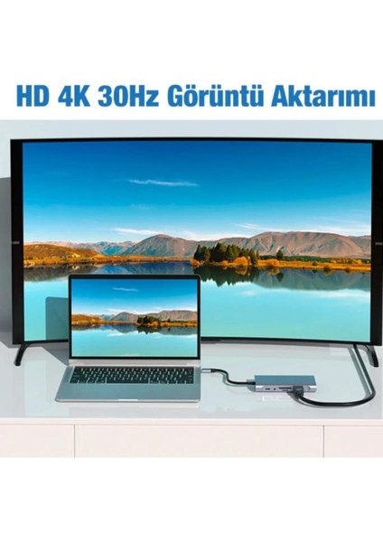 11 In 1 Type-C To USB Hub Port Uyumlu Hdmı 4x USB Lan VGA Sd Card Çevirici Adaptör Çoklayıcı Aparat