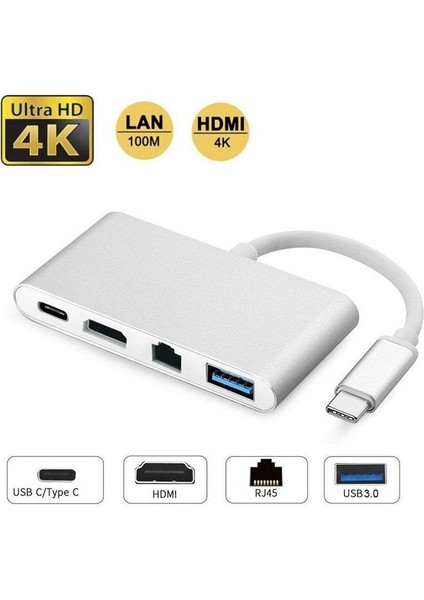 Type-C 3.1 To HDMI 4K 100MBPS Ethernet RJ45 Sb3.0 USB C Hub 4 In 1 Macbook ve Type C Uyumlu Çevirici