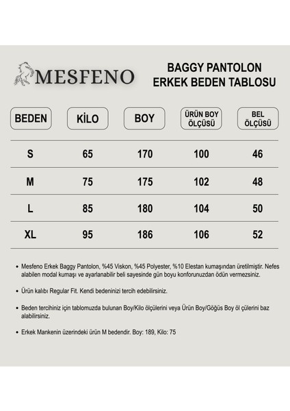 Mesfeno Baggy Erkek Pantolon, Esnek Likralı Nefes Alabilen Modal Kumaş, Baggy Kesim, Beli Lastikli ve Ayarlanabilir Ip Detaylı