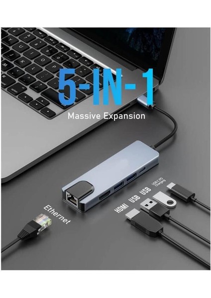 USB 3.1 Type C To HDMI (Mhl) 2x USB 3.0 RJ45 Gigabit Ethernet Dönüştürücü Çevirici Adaptör 5 In 1