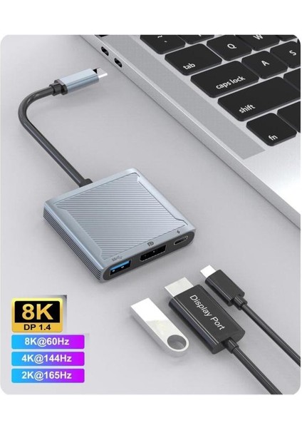 Apple MacBook Android Uyumlu 3 In1 Display Port Hub Adaptör 8k 60hz Type-C USB Pd 100W Çevirici