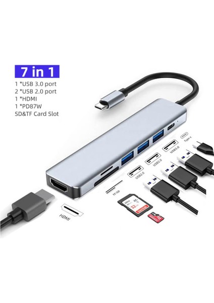 7 In 1 Type C To Hdmı 4K 30hz Kablo Sd/ Tf Kart Okuyucu USB 3.0 2xusb 2.0 Pd Çevirici Dönüştürücü