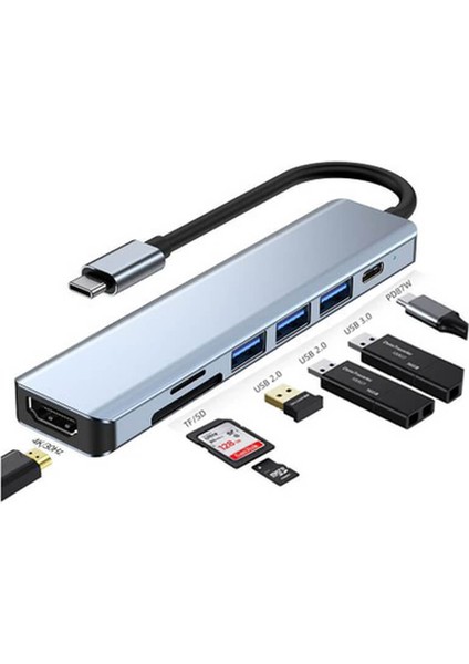 7 In 1 Type C To Hdmı 4K 30hz Kablo Sd/ Tf Kart Okuyucu USB 3.0 2xusb 2.0 Pd Çevirici Dönüştürücü