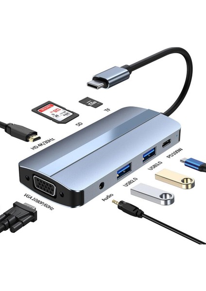 Apple MacBook Android Uyumlu 8 In 1 Sd/tf Hdtv VGA Audio Port Hub Adaptör 4K Type-C USB Çevirici