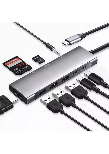 9 In 1 USB Type C Pd Ss X3 Hdtv Sd Tf Audio Multiport Adaptör 4K Hdmı Çevirici Dönüştürücü Aparat