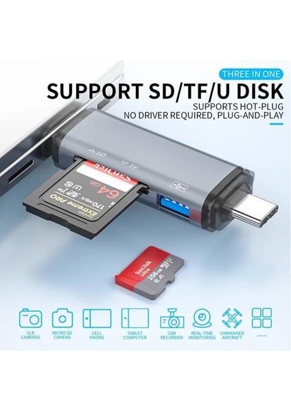 3in1 USB Otg Kart Okuyucu Type-C ve Lightning Uçlu Pc Notebook Uyumlu Mikro Sd Kart Okuyucu