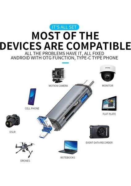 3in1 USB Otg Kart Okuyucu Type-C ve Lightning Uçlu Pc Notebook Uyumlu Mikro Sd Kart Okuyucu