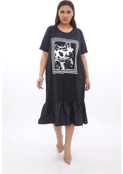 Kedi Baskılı Fırfırlı Siyah Tasarım Elbise