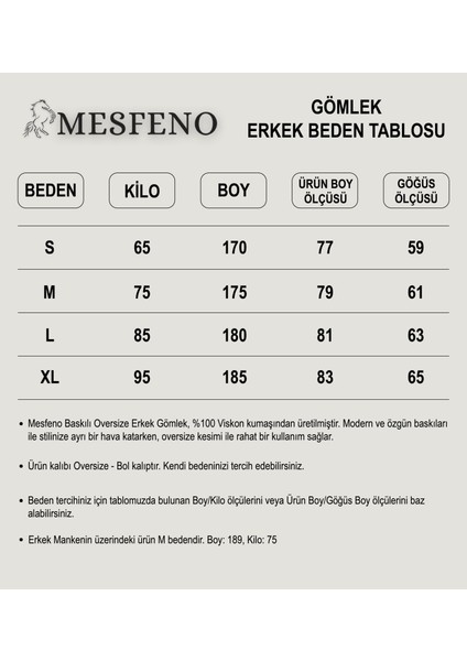 Mesfeno Baskılı Oversize Erkek Gömlek, %100 Viskon Yumuşak Tuşe Kumaş, Küba Yaka Kısa Kollu Gömlek