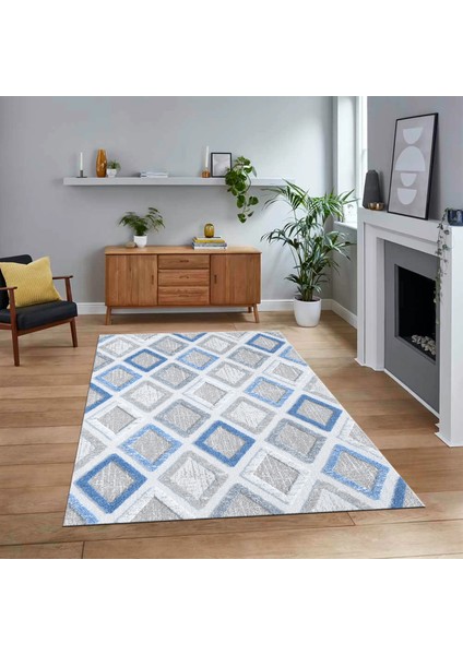 Dijital Baskılı Kaymaz Taban Yıkanabilir Modern Yolluk Mutfak Salon Halısı, V-Modern-66-Mavi,