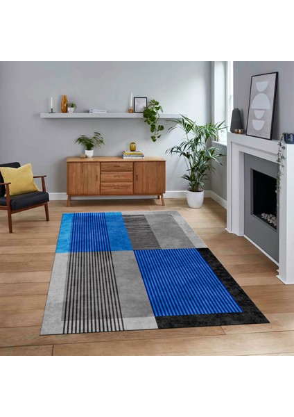 Dijital Baskılı Kaymaz Taban Yıkanabilir Modern Yolluk Mutfak Salon Halısı, V-MODERN-107-MAVİ,