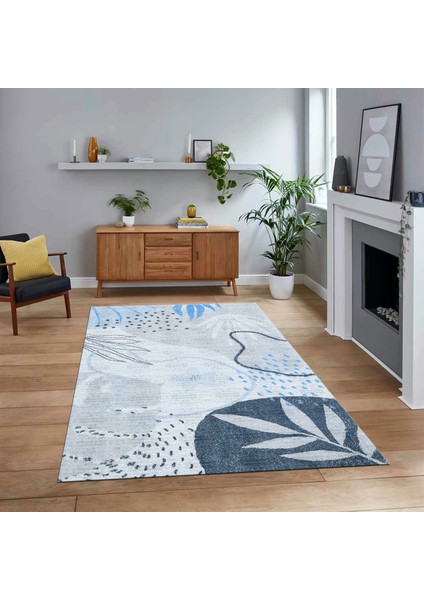 Dijital Baskılı Kaymaz Taban Yıkanabilir Modern Yolluk Mutfak Salon Halısı, V-Modern-79-Mavi,