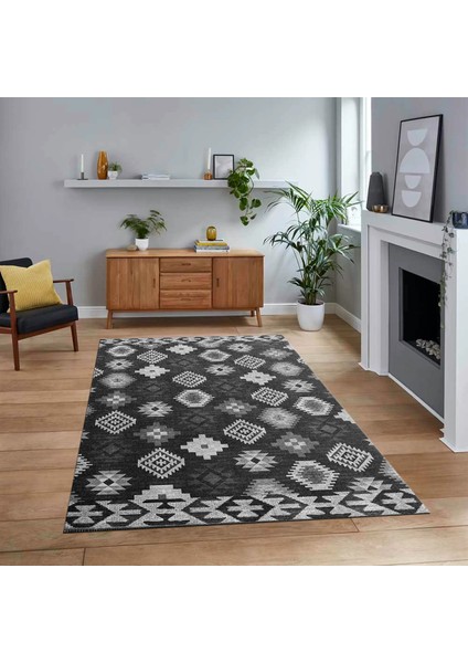 Dijital Baskılı Kaymaz Taban Yıkanabilir Modern Yolluk Mutfak Salon Halısı, V-Modern-99-Antrasit,