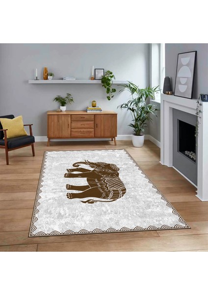 Dijital Baskılı Kaymaz Taban Yıkanabilir Modern Yolluk Mutfak Salon Halısı, V-MODERN-101-KAHVE,